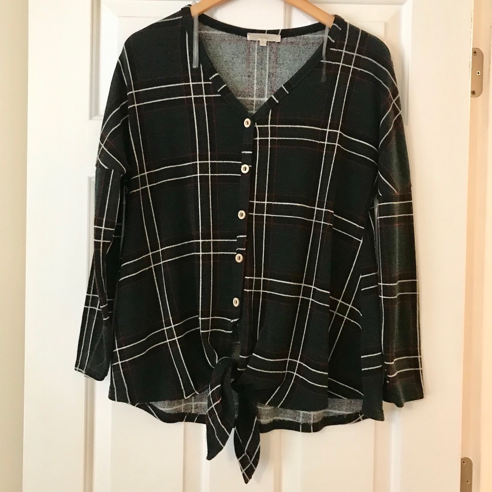Hunter Green Plaid Tie Front Top- WORN ONCE